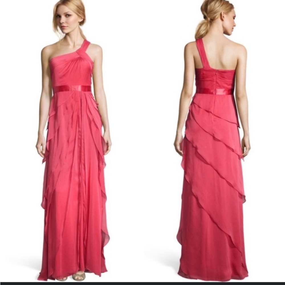 ADRIANNA PAPELL Coral Draped One Shoulder Flutter Gown Dress size 2
